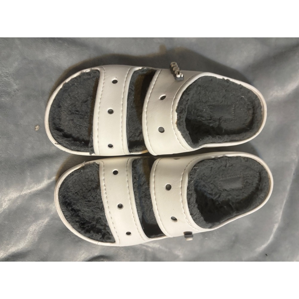 Crocs Classic Cozzzy Sandal White Grey Faux Fur Lined Slides Mens 8 Womens 10